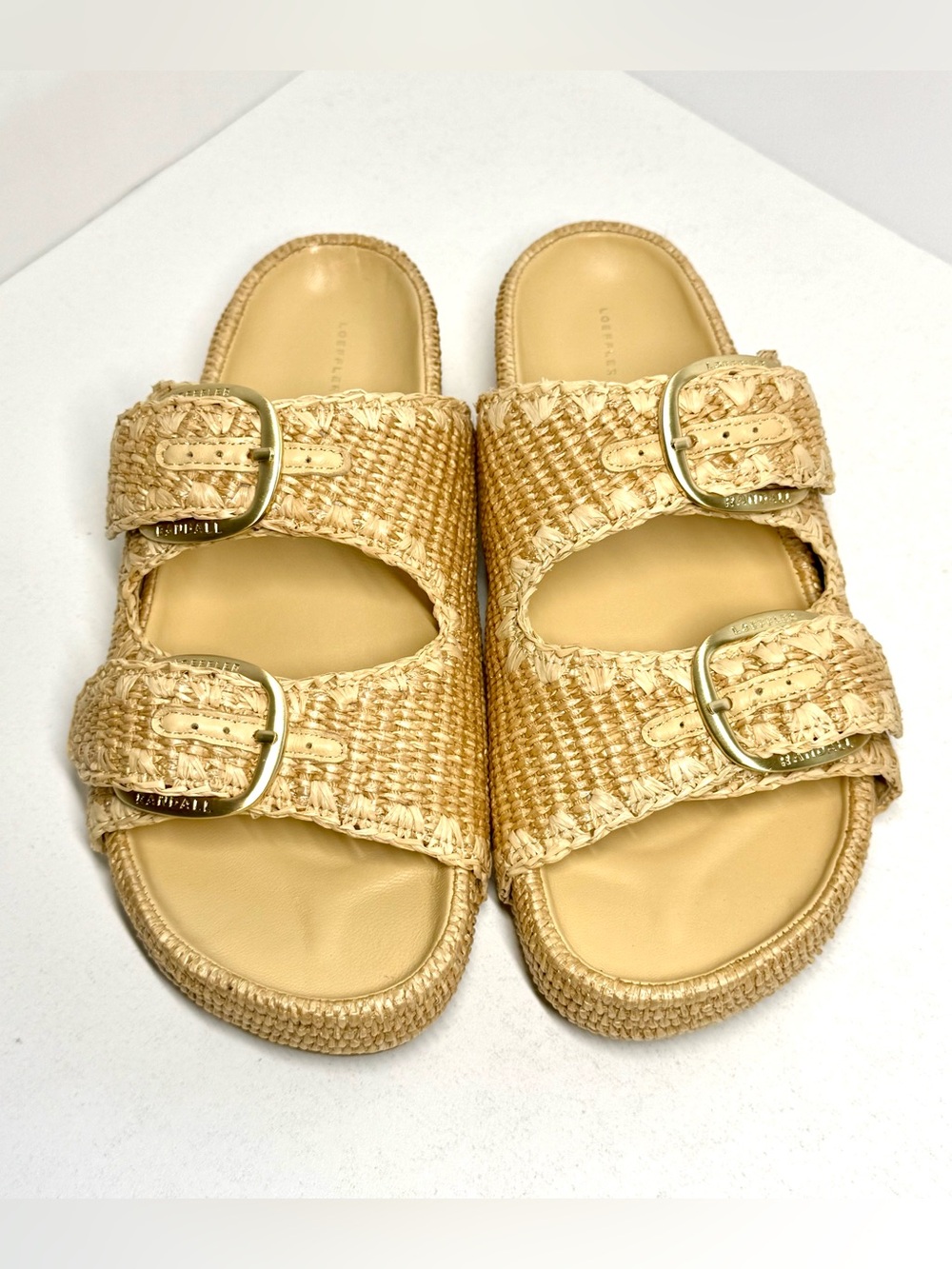 Loeffler Randall Nico Platform Natural Woven Double-Buckle Slide Sandals